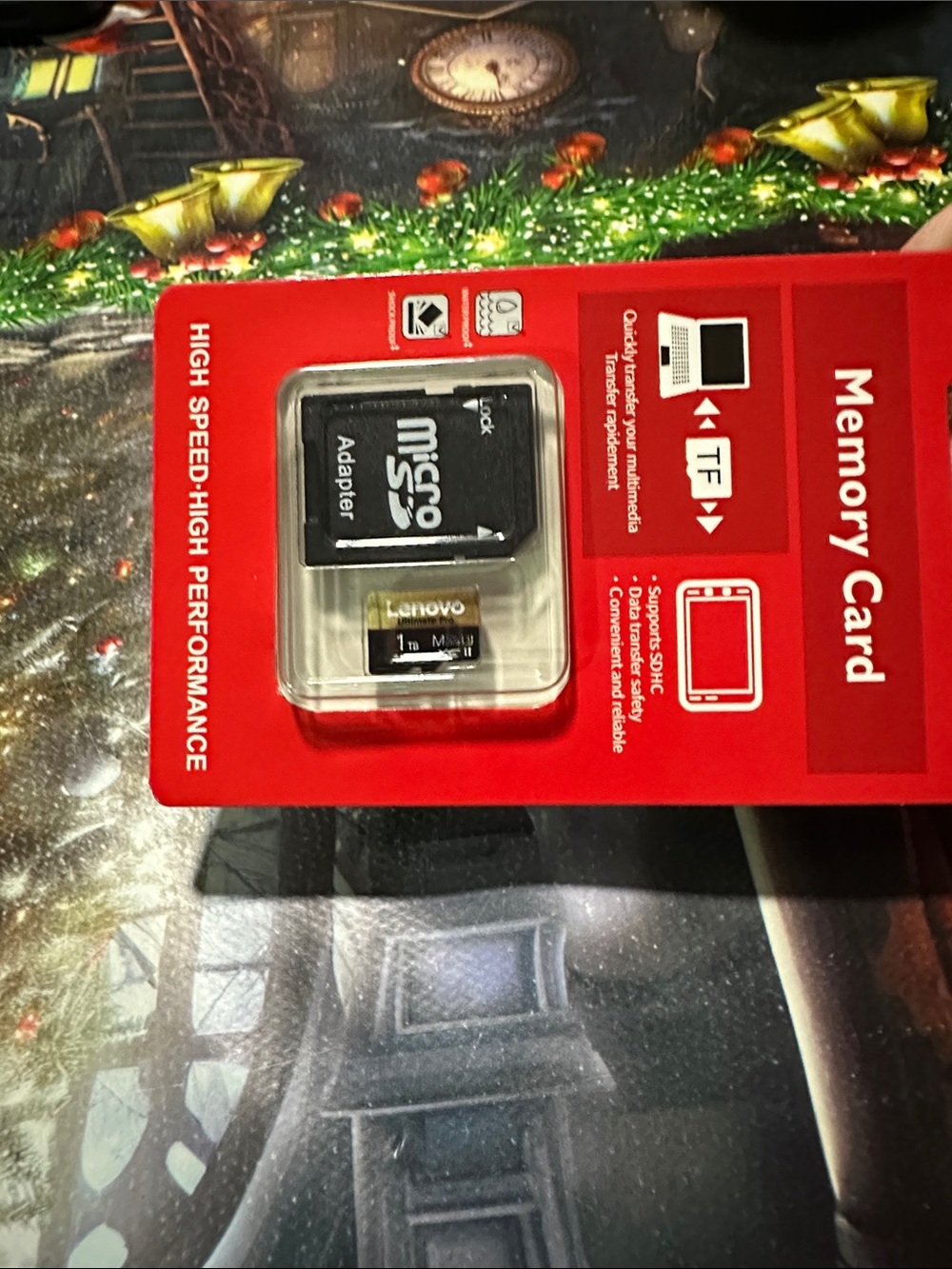 Lenovo Black MicroSD Card with Black Adapter on Red Pack